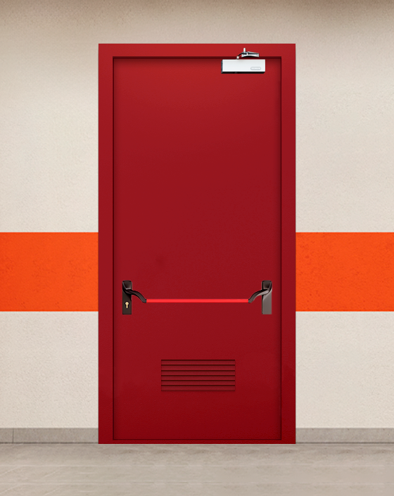 Противопожарная однопольная красная дверь EIWS 60 с ручкой антипаника, прямоугольной решеткой