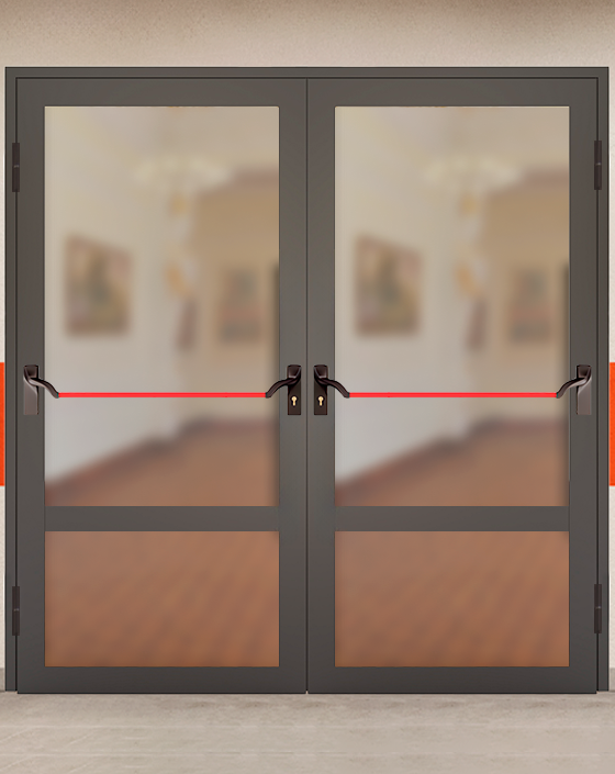 Противопожарная двупольная светопрозрачная стальная коричневая дверь EIW 60 без доводчика с ручкой антипаника