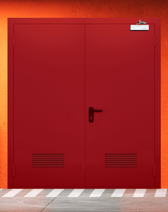 Противопожарная двупольная красная дверь EIWS 90 с прямоугольной решеткой