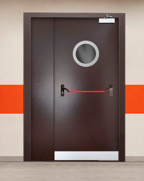 Противопожарная полуторная коричневая дверь порошковым напылением EIS 90 с ручкой антипаника, круглым окном, узким отбойником