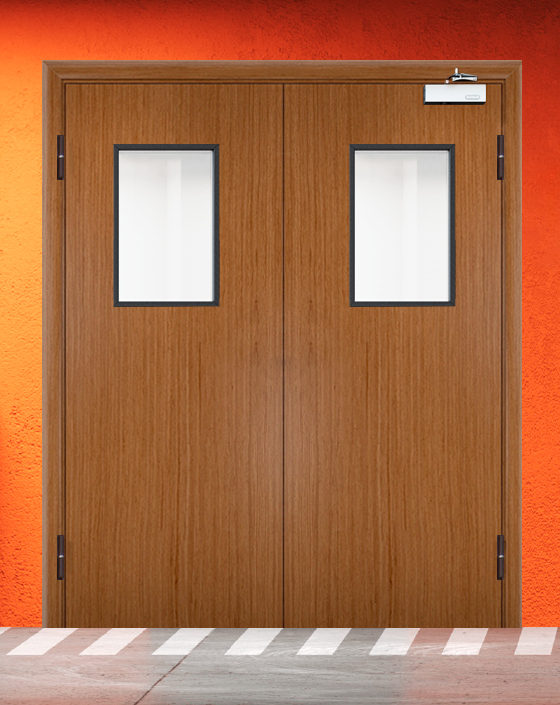 Противопожарная двупольная шпон дверь с прямоугольным окном