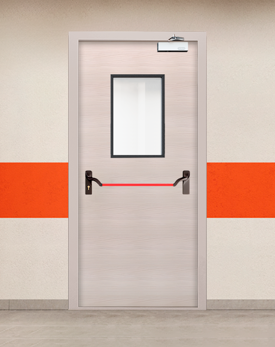 Противопожарная однопольная МДФ бежевая дверь с ручкой антипаника, прямоугольным окном