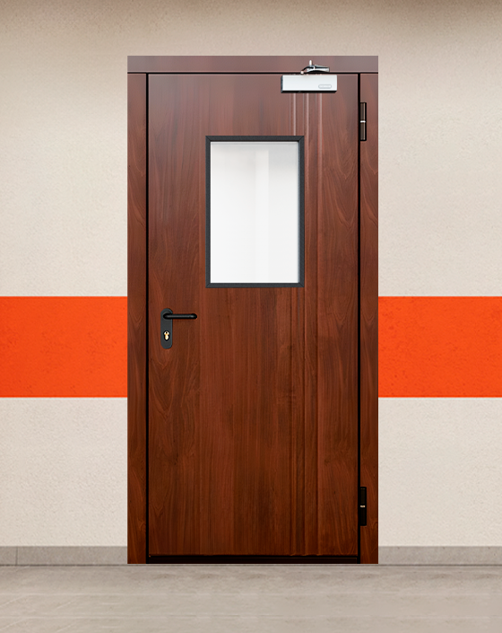 Противопожарная однопольная МДФ коричневая дверь EIS 45 с прямоугольным окном