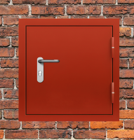 Люк металлический красный с блестящей ручкой