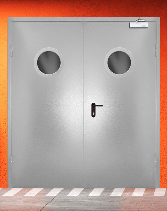 Противопожарная двупольная серая дверь порошковым напылением EIW 30 с круглым окном