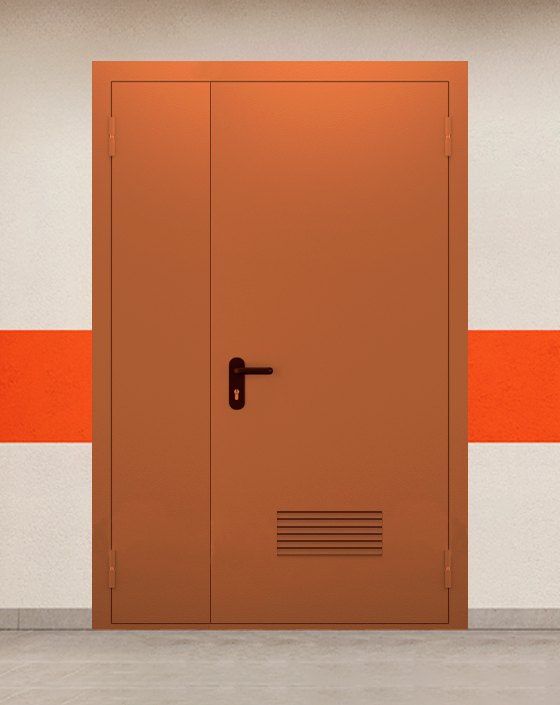 Противопожарная полуторная коричневая дверь EI 45 без доводчика с прямоугольной решеткой