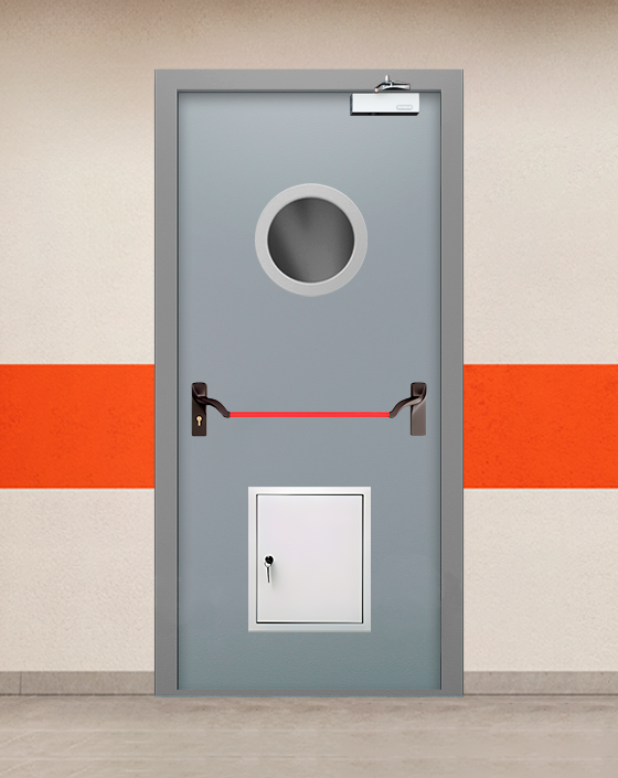Противопожарная однопольная серая дверь EIS 60 с ручкой антипаника, круглым окном, стыковочным узлом