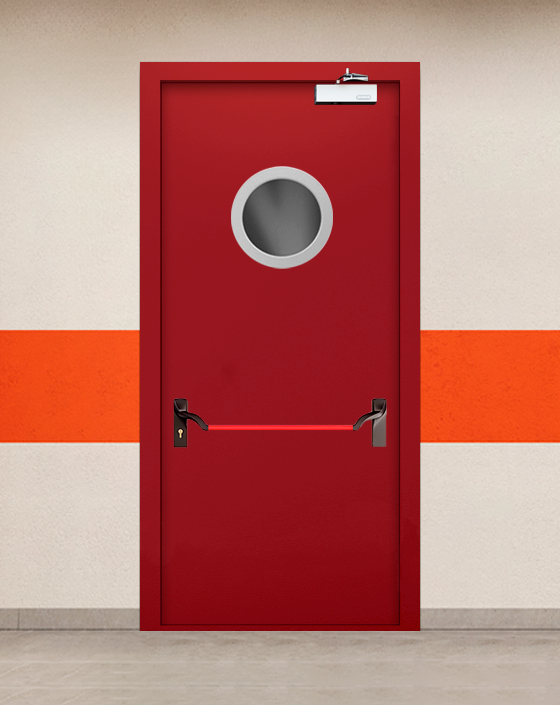 Противопожарная однопольная красная дверь EIWS 60 с ручкой антипаника, круглым окном