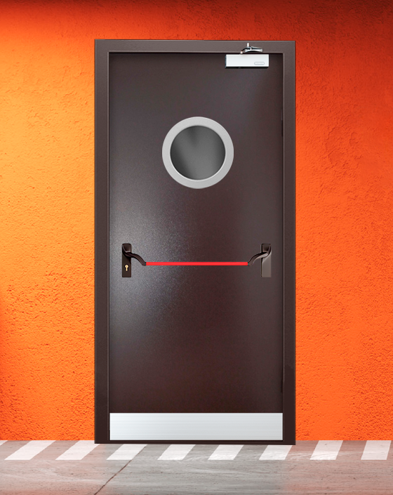 Противопожарная однопольная коричневая дверь порошковым напылением EIWS 45 с ручкой антипаника, круглым окном, узким отбойником