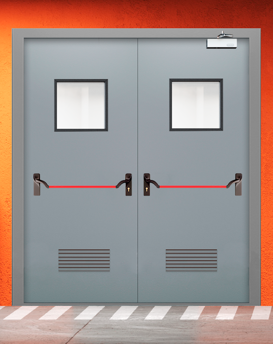 Противопожарная двупольная серая дверь EI 30 (3-го типа) с ручкой антипаника, квадратным окном, прямоугольной решеткой