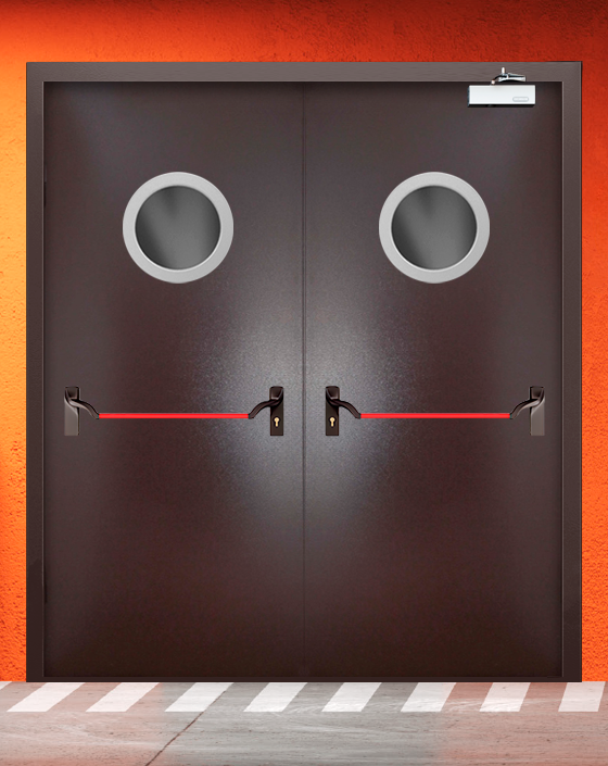 Противопожарная двупольная коричневая дверь порошковым напылением EIWS 60 с ручкой антипаника, круглым окном