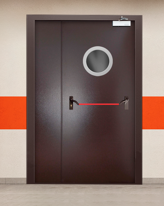 Противопожарная полуторная коричневая дверь порошковым напылением EIS 90 с ручкой антипаника, круглым окном