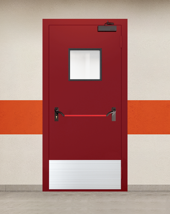 Противопожарная однопольная красная дверь EI 90 с ручкой антипаника, квадратным окном, широким отбойником