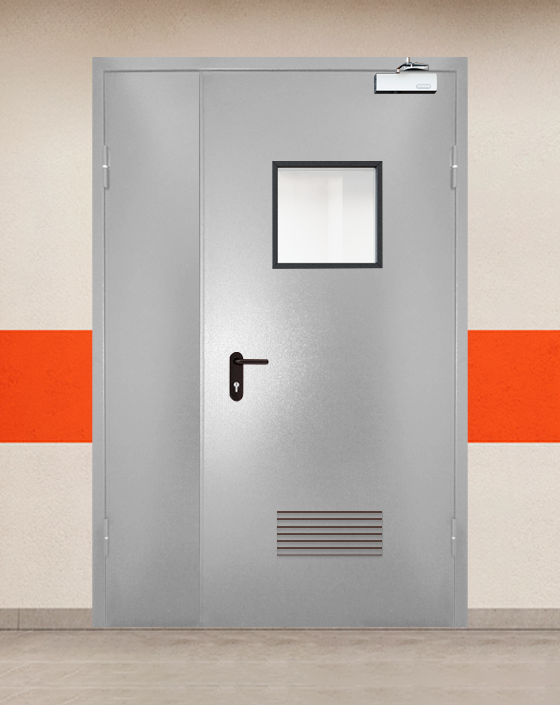 Противопожарная полуторная серая дверь порошковым напылением EIS 45 с квадратным окном, прямоугольной решеткой