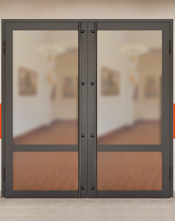 Противопожарная двупольная светопрозрачная стальная коричневая дверь EIW 30 без доводчика с ручками во всю высоту