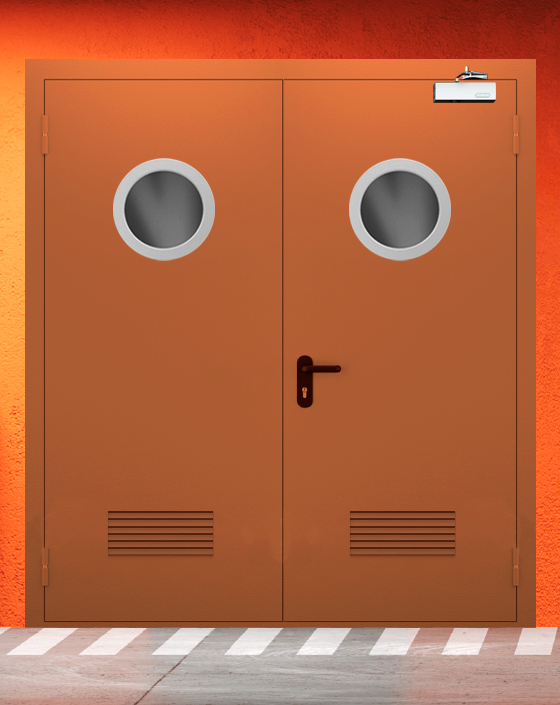 Противопожарная двупольная коричневая дверь EIS 60 с круглым окном, прямоугольной решеткой