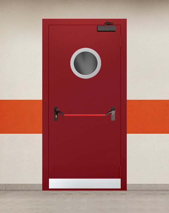 Противопожарная однопольная красная дверь EI 90 с ручкой антипаника, круглым окном, узким отбойником