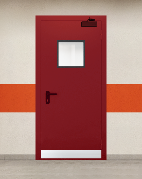 Противопожарная однопольная красная дверь EI 45 с квадратным окном, узким отбойником