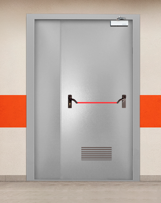 Противопожарная полуторная серая дверь порошковым напылением EI-90 с ручкой антипаника, прямоугольной решеткой