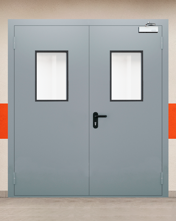 Противопожарная двупольная серая дверь EI-90 с прямоугольным окном